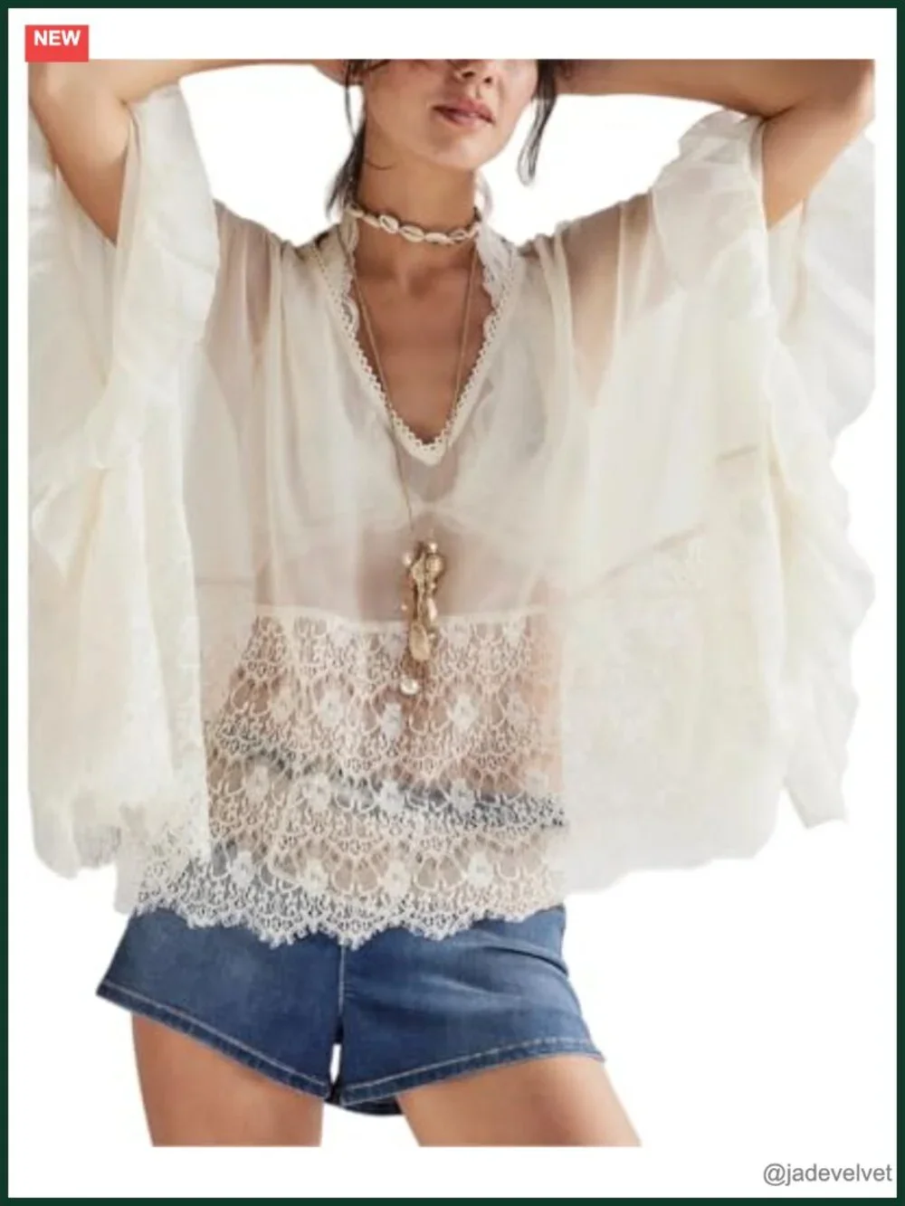 Sheer Lace Cover Up Poncho Blouse Batwing Sleeve Boho Beach Tunic Shirt